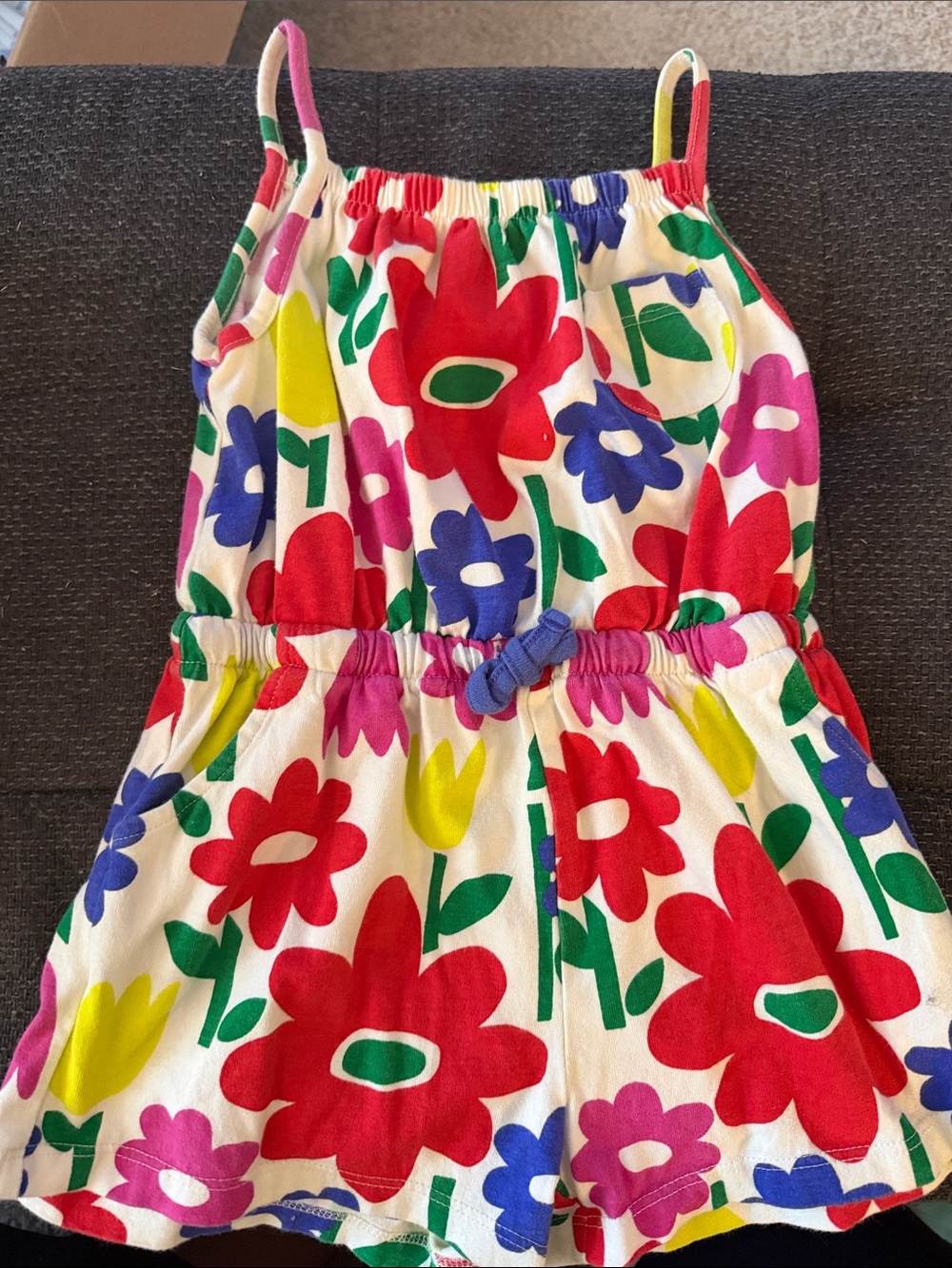 Mini Boden White Floral Print Girls' Romper with Red, Blue & Green Flowers